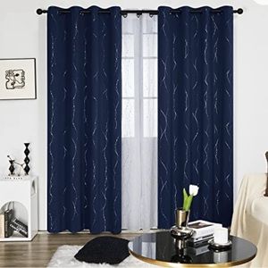 Foil Printed Thermal Insulated Blackout Curtains - Navy & Silver - Deconovo